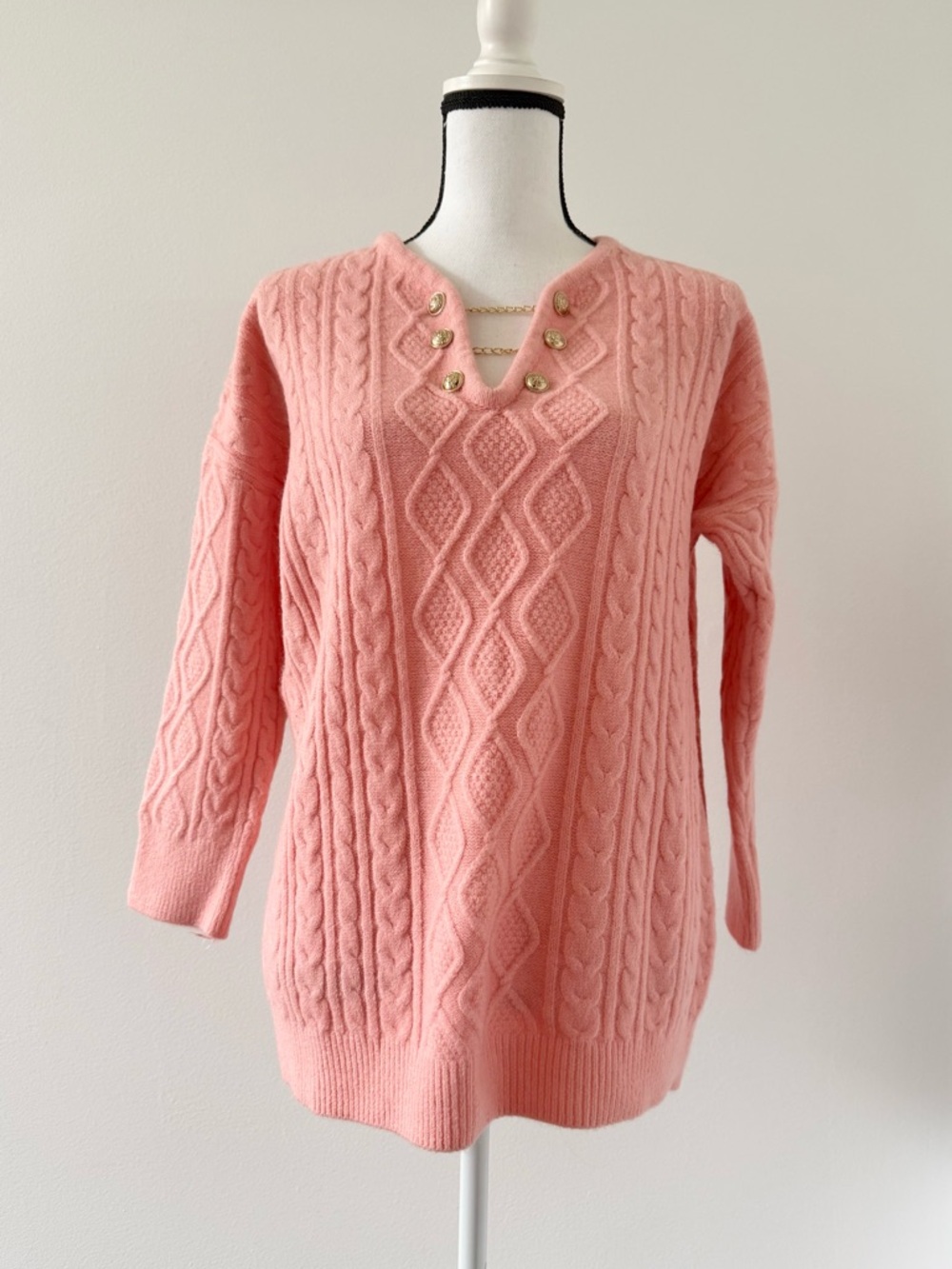 Women’s Pink Cable Knit Oversized Sweater with Gold Button Detail